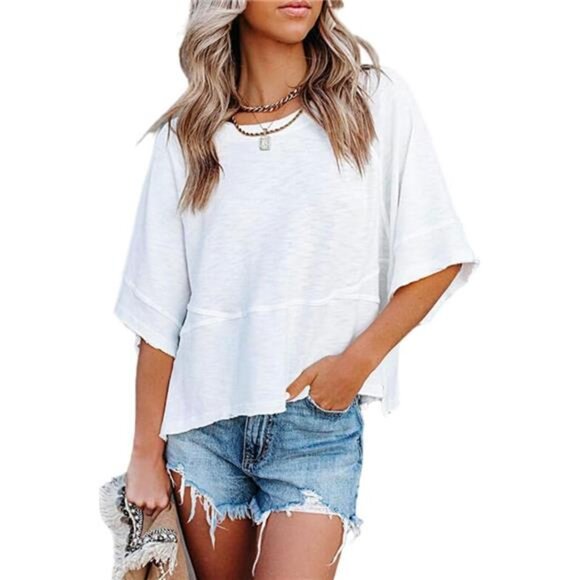 Women's Summer Casual Crewneck Batwing Half Sleeve T-Shirts Solid Color Loose - Picture 1 of 4